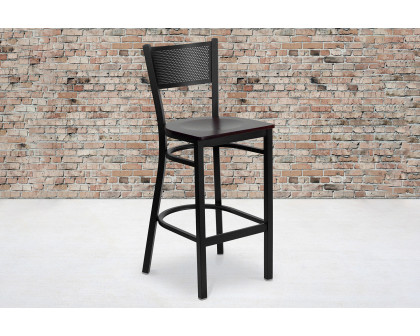 BLNK HERCULES Series Black Metal Grid Back Restaurant Bar Stool with Wood Seat