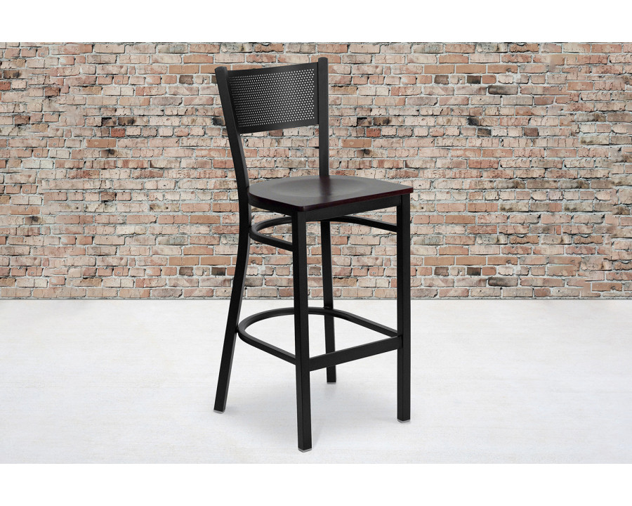 BLNK HERCULES Series Black Metal Grid Back Restaurant Bar Stool with Wood Seat - Mahogany