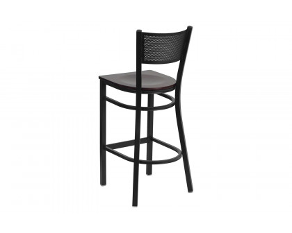 BLNK HERCULES Series Black Metal Grid Back Restaurant Bar Stool with Wood Seat - Mahogany