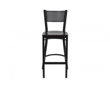 BLNK HERCULES Series Black Metal Grid Back Restaurant Bar Stool with Wood Seat - Mahogany