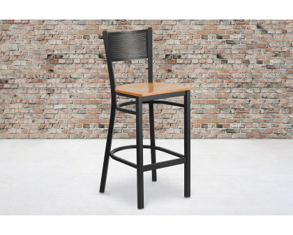 BLNK HERCULES Series Black Metal Grid Back Restaurant Bar Stool with Wood Seat