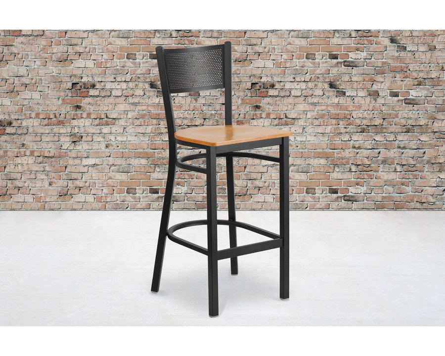 BLNK HERCULES Series Black Metal Grid Back Restaurant Bar Stool with Wood Seat - Natural