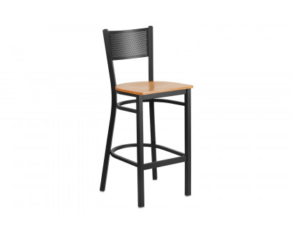 BLNK HERCULES Series Black Metal Grid Back Restaurant Bar Stool with Wood Seat - Natural