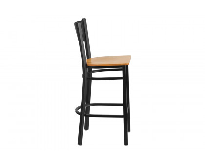 BLNK HERCULES Series Black Metal Grid Back Restaurant Bar Stool with Wood Seat - Natural