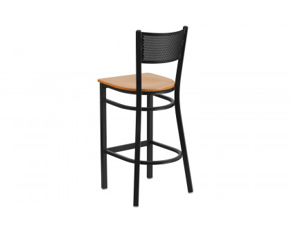 BLNK HERCULES Series Black Metal Grid Back Restaurant Bar Stool with Wood Seat - Natural