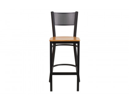 BLNK HERCULES Series Black Metal Grid Back Restaurant Bar Stool with Wood Seat - Natural