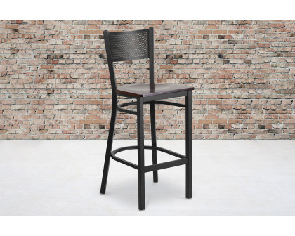 BLNK HERCULES Series Black Metal Grid Back Restaurant Bar Stool with Wood Seat