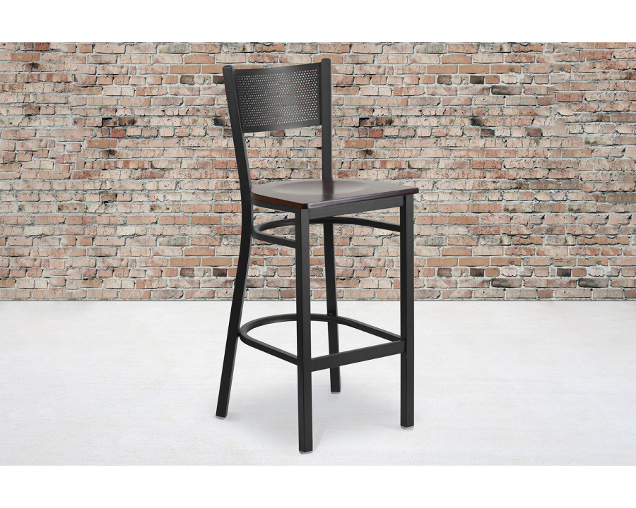 BLNK HERCULES Series Black Metal Grid Back Restaurant Bar Stool with Wood Seat - Walnut