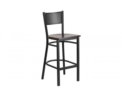 BLNK HERCULES Series Black Metal Grid Back Restaurant Bar Stool with Wood Seat - Walnut