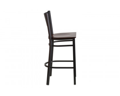 BLNK HERCULES Series Black Metal Grid Back Restaurant Bar Stool with Wood Seat - Walnut