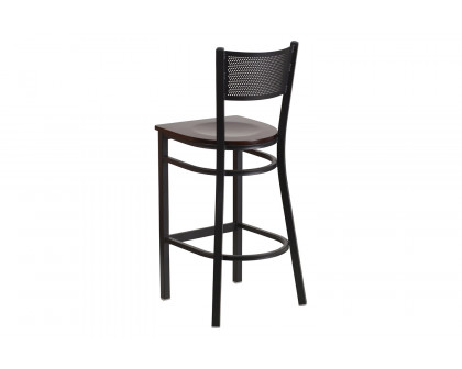 BLNK HERCULES Series Black Metal Grid Back Restaurant Bar Stool with Wood Seat - Walnut