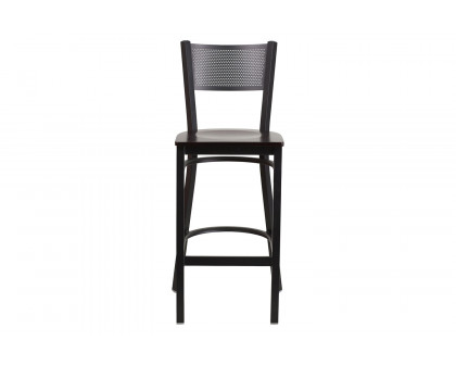 BLNK HERCULES Series Black Metal Grid Back Restaurant Bar Stool with Wood Seat - Walnut