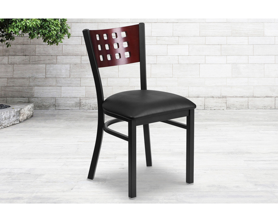 BLNK HERCULES Series Black Metal Cutout Back Restaurant Chair with Mahogany Wood Back and Vinyl Seat