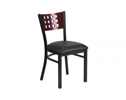 BLNK HERCULES Series Black Metal Cutout Back Restaurant Chair with Mahogany Wood Back and Vinyl Seat