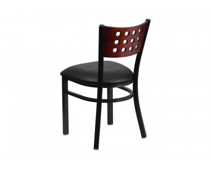 BLNK HERCULES Series Black Metal Cutout Back Restaurant Chair with Mahogany Wood Back and Vinyl Seat - Black