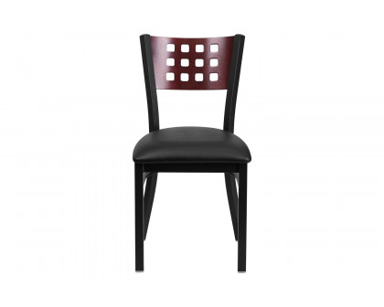 BLNK HERCULES Series Black Metal Cutout Back Restaurant Chair with Mahogany Wood Back and Vinyl Seat - Black