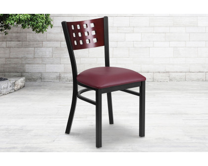 BLNK HERCULES Series Black Metal Cutout Back Restaurant Chair with Mahogany Wood Back and Vinyl Seat