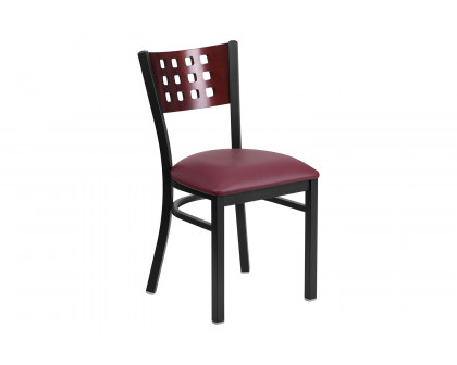 BLNK HERCULES Series Black Metal Cutout Back Restaurant Chair with Mahogany Wood Back and Vinyl Seat - Burgundy