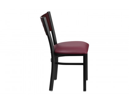 BLNK HERCULES Series Black Metal Cutout Back Restaurant Chair with Mahogany Wood Back and Vinyl Seat - Burgundy