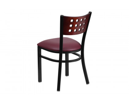 BLNK HERCULES Series Black Metal Cutout Back Restaurant Chair with Mahogany Wood Back and Vinyl Seat - Burgundy