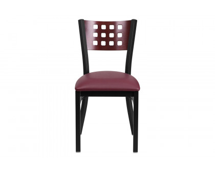 BLNK HERCULES Series Black Metal Cutout Back Restaurant Chair with Mahogany Wood Back and Vinyl Seat - Burgundy