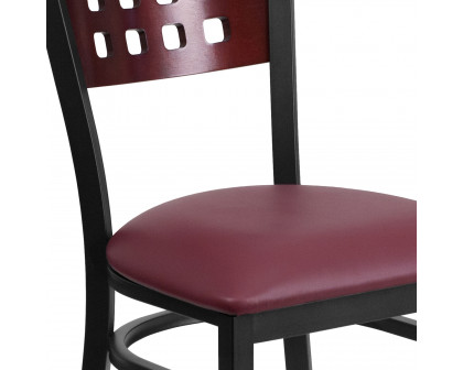 BLNK HERCULES Series Black Metal Cutout Back Restaurant Chair with Mahogany Wood Back and Vinyl Seat - Burgundy