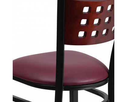 BLNK HERCULES Series Black Metal Cutout Back Restaurant Chair with Mahogany Wood Back and Vinyl Seat - Burgundy