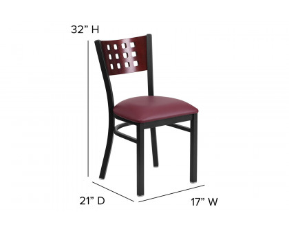 BLNK HERCULES Series Black Metal Cutout Back Restaurant Chair with Mahogany Wood Back and Vinyl Seat - Burgundy