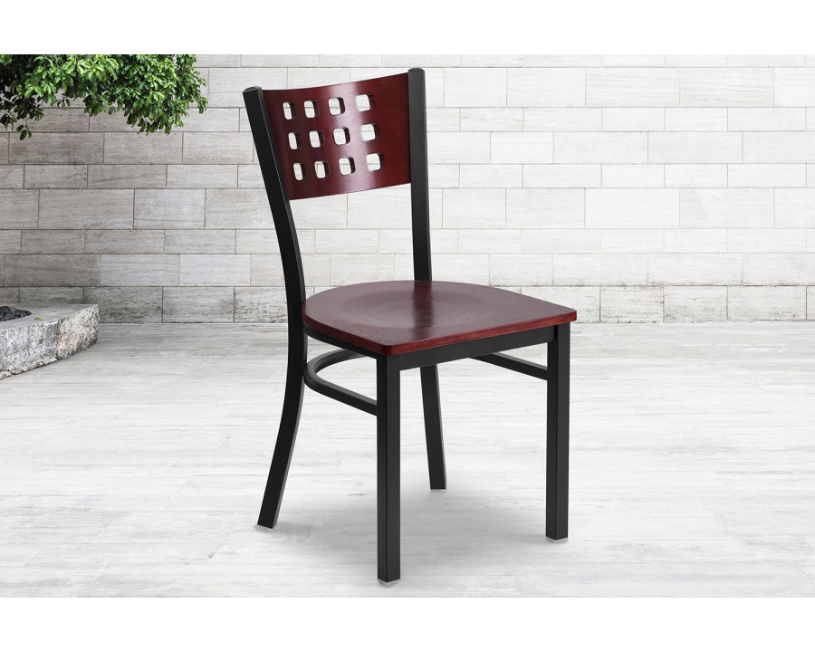 BLNK - HERCULES Series Black Metal Cutout Back Restaurant Chair with Mahogany Wood Back and Seat