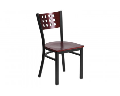 BLNK - HERCULES Series Black Metal Cutout Back Restaurant Chair with Mahogany Wood Back and Seat