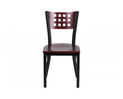 BLNK - HERCULES Series Black Metal Cutout Back Restaurant Chair with Mahogany Wood Back and Seat