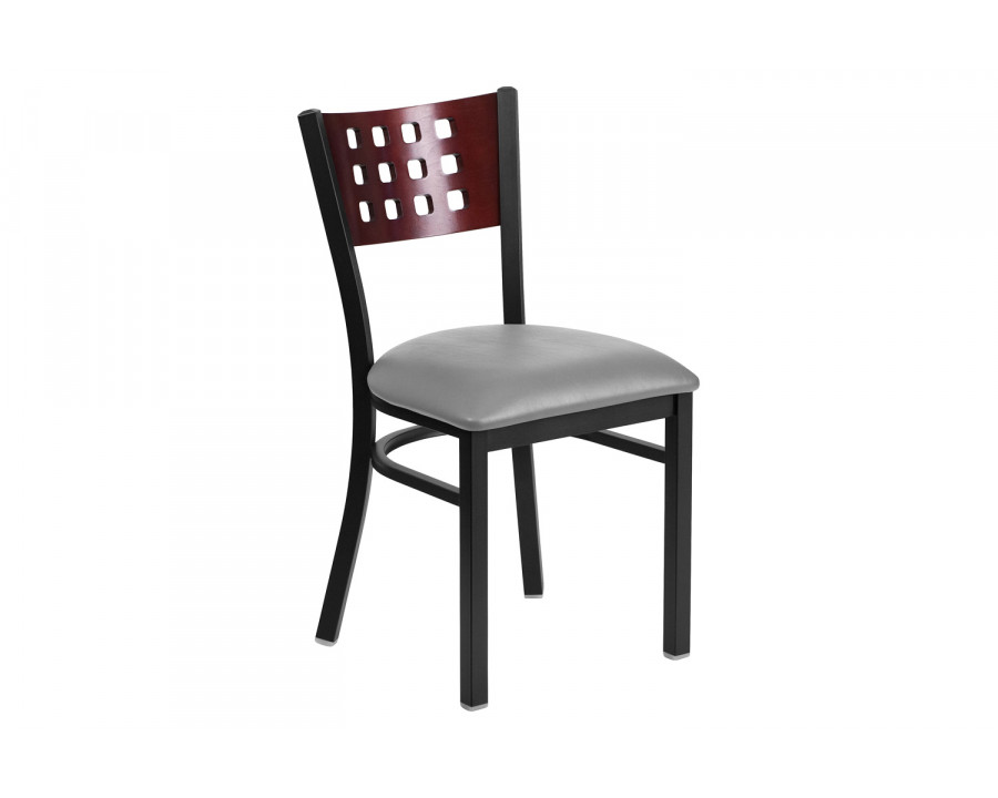 BLNK - HERCULES Series Black Metal Cutout Back Restaurant Chair with Wood Back and Custom Upholstered Seat