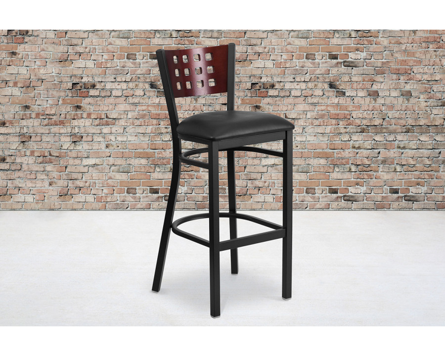 BLNK HERCULES Series Black Metal Cutout Back Restaurant Bar Stool with Mahogany Wood Back and Vinyl Seat