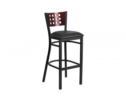 BLNK HERCULES Series Black Metal Cutout Back Restaurant Bar Stool with Mahogany Wood Back and Vinyl Seat