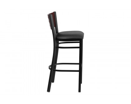 BLNK HERCULES Series Black Metal Cutout Back Restaurant Bar Stool with Mahogany Wood Back and Vinyl Seat - Black