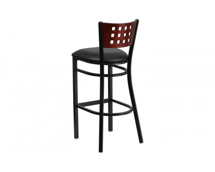 BLNK HERCULES Series Black Metal Cutout Back Restaurant Bar Stool with Mahogany Wood Back and Vinyl Seat - Black