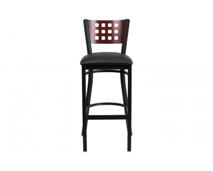 BLNK HERCULES Series Black Metal Cutout Back Restaurant Bar Stool with Mahogany Wood Back and Vinyl Seat - Black