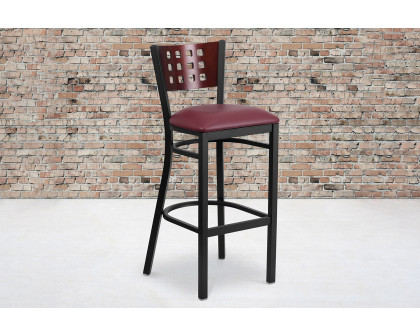 BLNK HERCULES Series Black Metal Cutout Back Restaurant Bar Stool with Mahogany Wood Back and Vinyl Seat