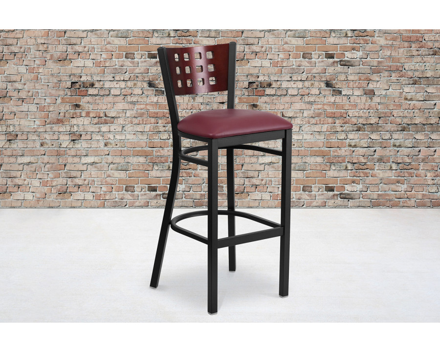 BLNK HERCULES Series Black Metal Cutout Back Restaurant Bar Stool with Mahogany Wood Back and Vinyl Seat - Burgundy