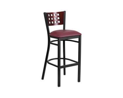 BLNK HERCULES Series Black Metal Cutout Back Restaurant Bar Stool with Mahogany Wood Back and Vinyl Seat - Burgundy