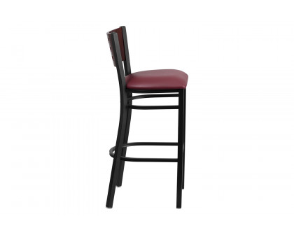 BLNK HERCULES Series Black Metal Cutout Back Restaurant Bar Stool with Mahogany Wood Back and Vinyl Seat - Burgundy