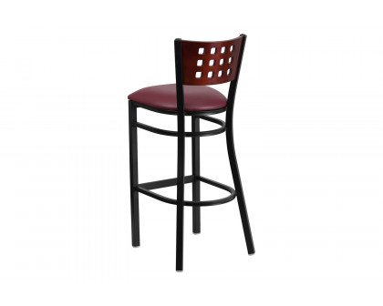 BLNK HERCULES Series Black Metal Cutout Back Restaurant Bar Stool with Mahogany Wood Back and Vinyl Seat - Burgundy