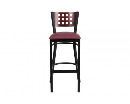 BLNK HERCULES Series Black Metal Cutout Back Restaurant Bar Stool with Mahogany Wood Back and Vinyl Seat - Burgundy