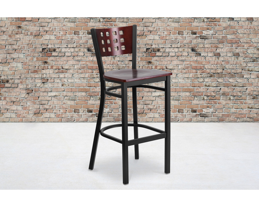 BLNK - HERCULES Series Black Metal Cutout Back Restaurant Bar Stool with Mahogany Wood Back and Seat