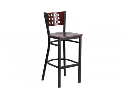 BLNK - HERCULES Series Black Metal Cutout Back Restaurant Bar Stool with Mahogany Wood Back and Seat