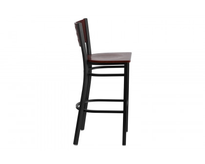 BLNK - HERCULES Series Black Metal Cutout Back Restaurant Bar Stool with Mahogany Wood Back and Seat