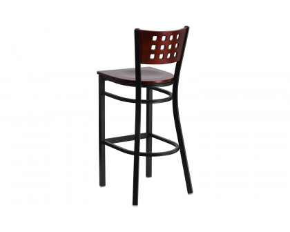 BLNK - HERCULES Series Black Metal Cutout Back Restaurant Bar Stool with Mahogany Wood Back and Seat