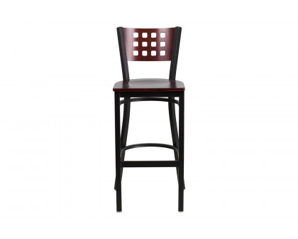 BLNK - HERCULES Series Black Metal Cutout Back Restaurant Bar Stool with Mahogany Wood Back and Seat