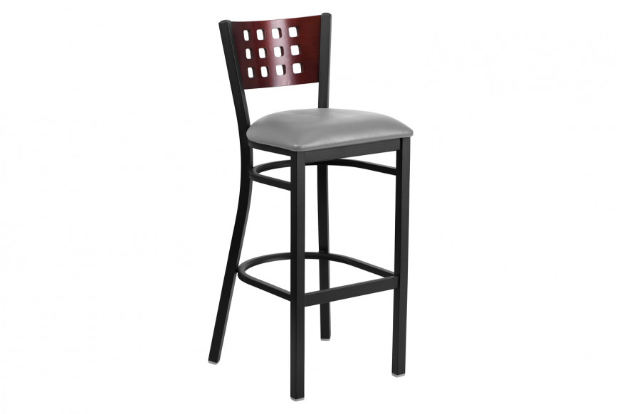 BLNK™ - HERCULES Series Black Metal Cutout Back Restaurant Bar Stool with Mahogany Wood Back and Custom Upholstered Seat