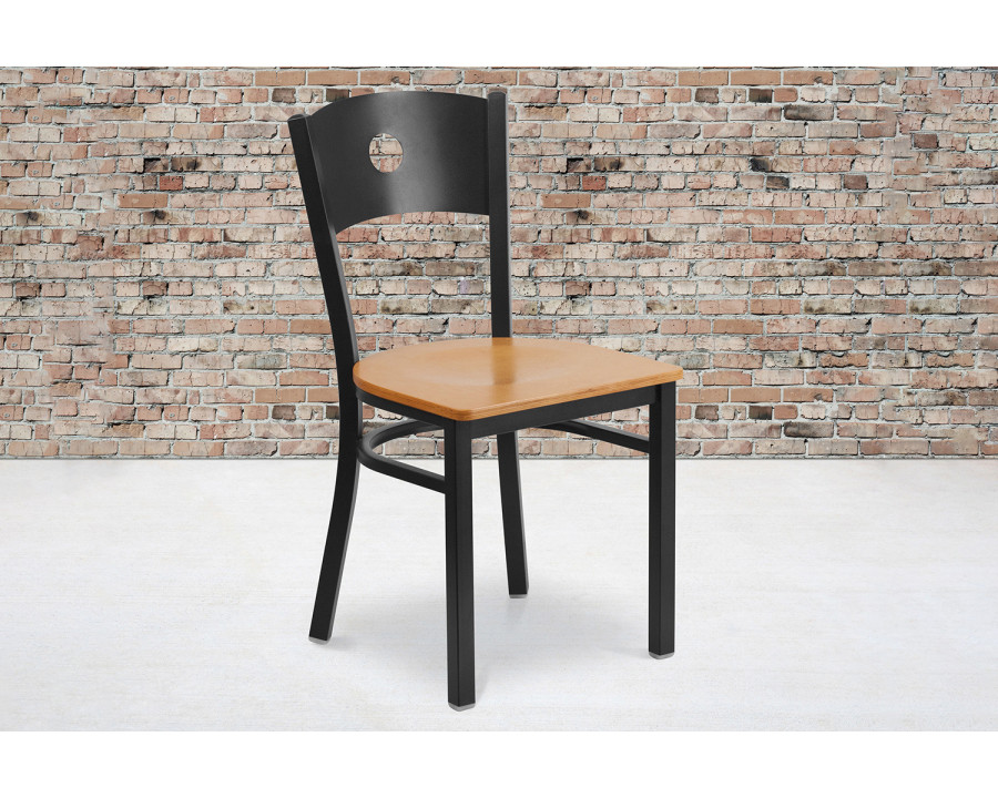 BLNK HERCULES Series Black Metal Circle Back Restaurant Chair with Wood Seat - Natural